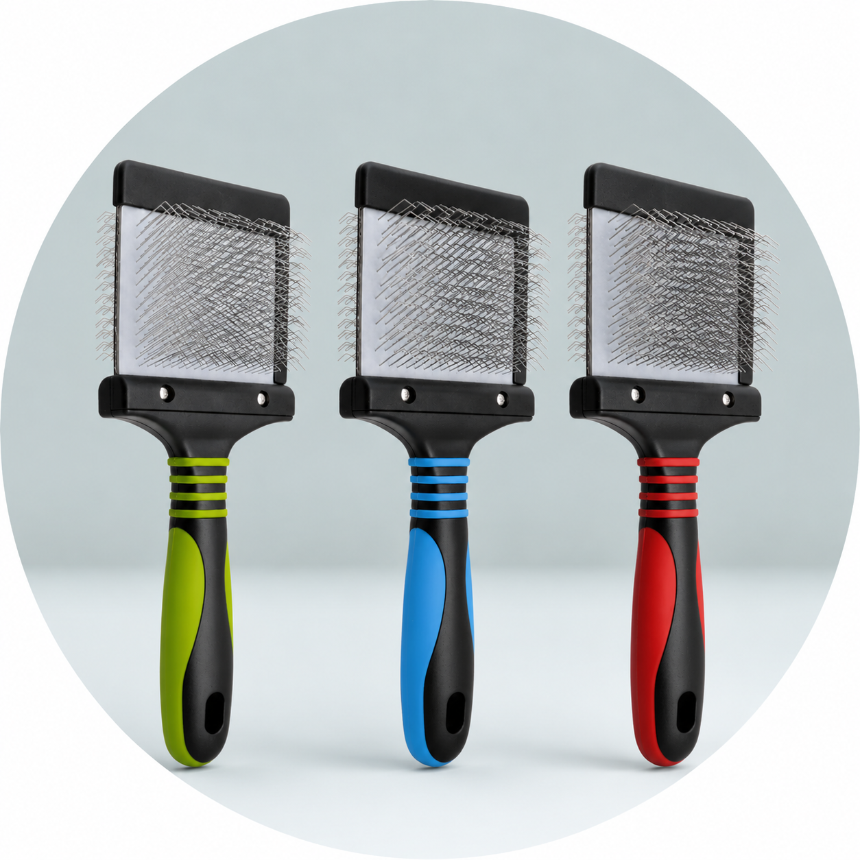 Professional pet grooming slicker brushes with fine metal bristles designed for detangling and coat maintenance in dogs.