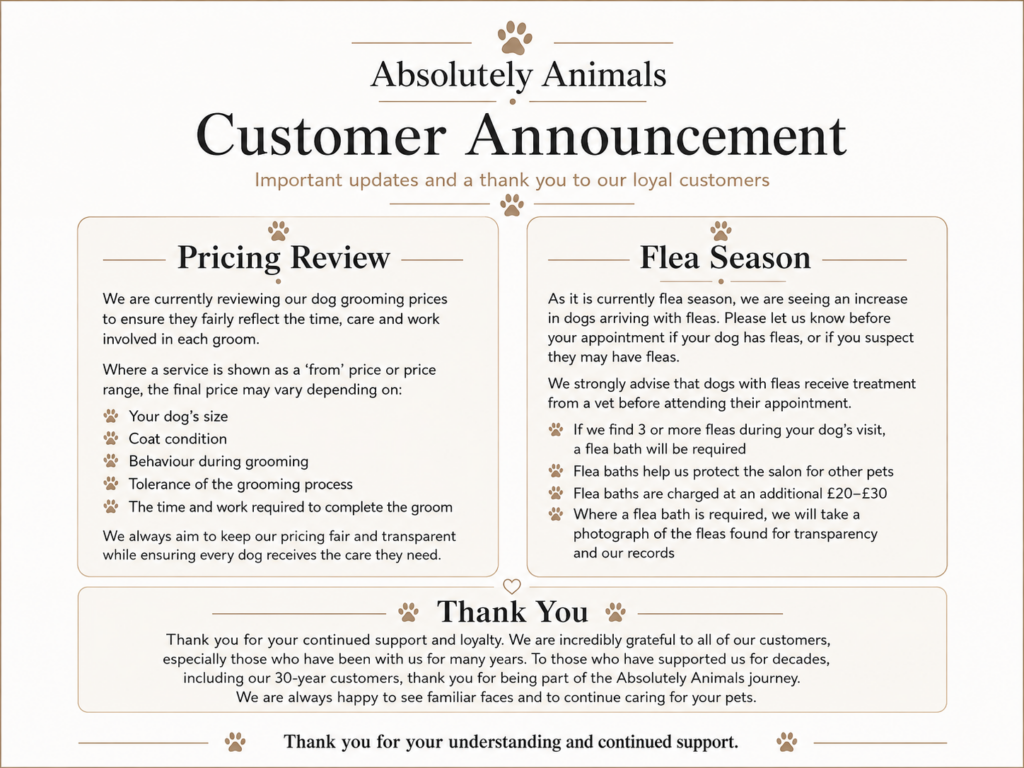 Absolutely Animals customer announcement with updates on dog grooming pricing, flea season precautions and a thank you to loyal customers.